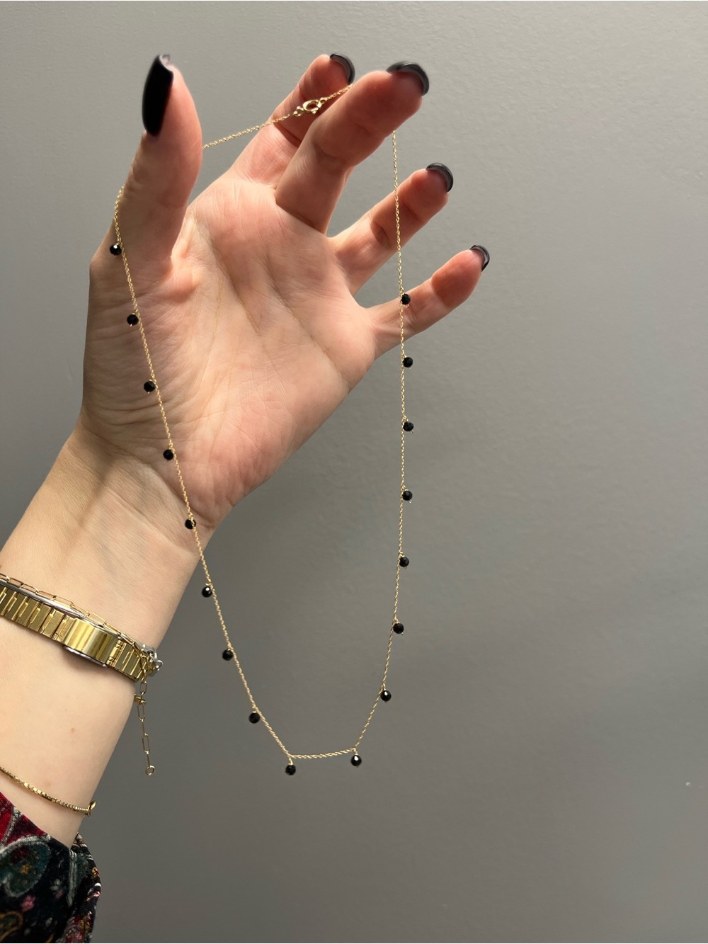 14k Gold Beaded Station Necklace with Black Stones